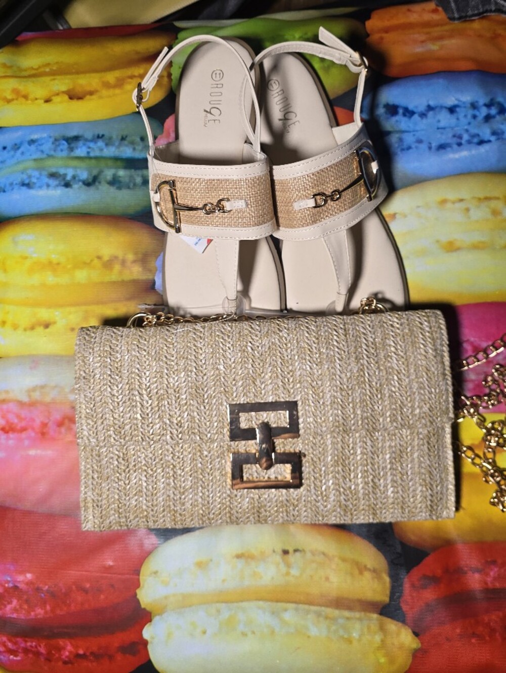 Beach Club Neutral Beige Women's 11 Sandals and Woven Chain-Shoulder Clutch Set